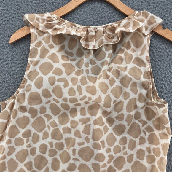 LOFT Top Womens Medium Beige Giraffe Print Ruffle Button Up Sleeveless Blouse - Picture 4 of 9